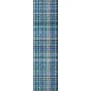 Photo of 8' Runner Teal Plaid Washable Non Skid Indoor Outdoor Runner Rug