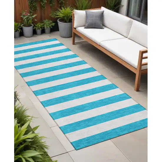 Teal and White Striped Washable Indoor Outdoor Runner Rug Photo 1