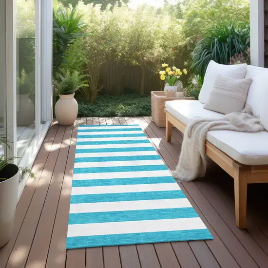 8' Runner Teal Striped Washable Non Skid Indoor Outdoor Runner Rug Photo 6