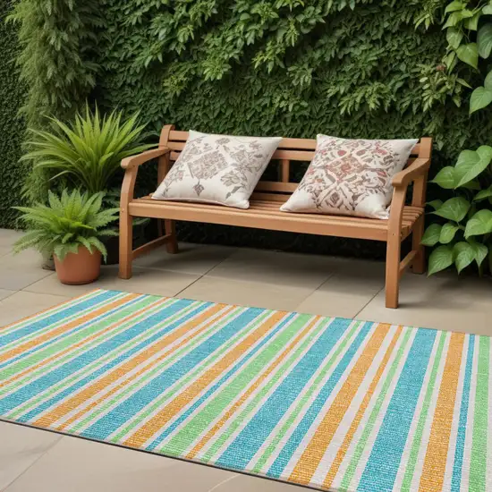 Teal Yellow and Green Striped Washable Non Skid Indoor Outdoor Runner Rug Photo 1