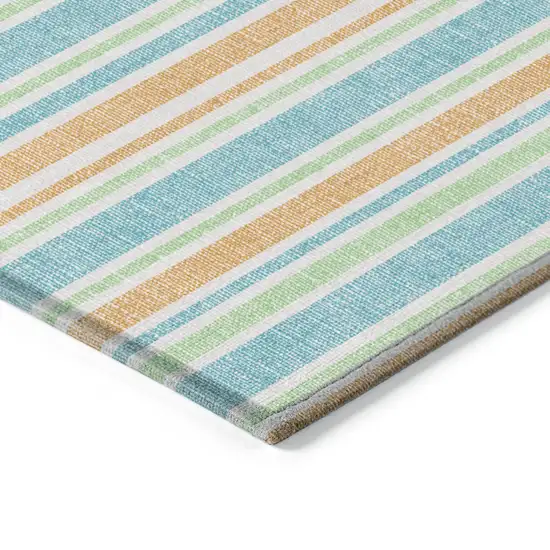 Teal Yellow and Green Striped Washable Non Skid Indoor Outdoor Runner Rug Photo 4