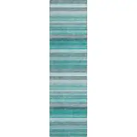 Photo of 8' Runner Teal Striped Washable Non Skid Indoor Outdoor Runner Rug