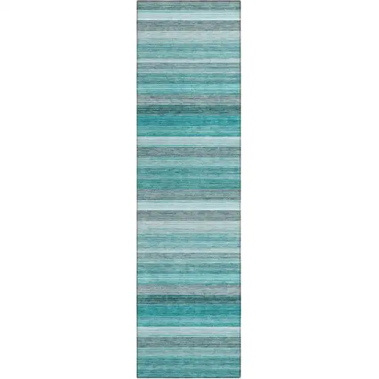 8' Runner Teal Striped Washable Non Skid Indoor Outdoor Runner Rug Photo 1