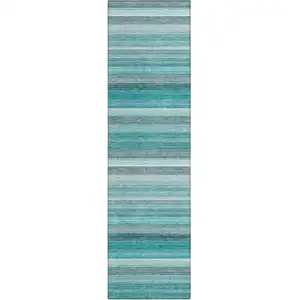 Photo of 8' Runner Teal Striped Washable Non Skid Indoor Outdoor Runner Rug