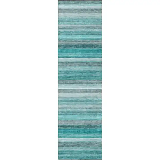 8' Runner Teal Striped Washable Non Skid Indoor Outdoor Runner Rug Photo 2