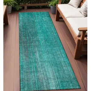 Photo of 8' Runner Teal Striped Washable Non Skid Indoor Outdoor Runner Rug