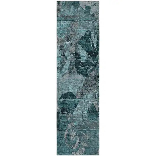 Teal and Gray Abstract Washable Indoor Outdoor Runner Rug Photo 2