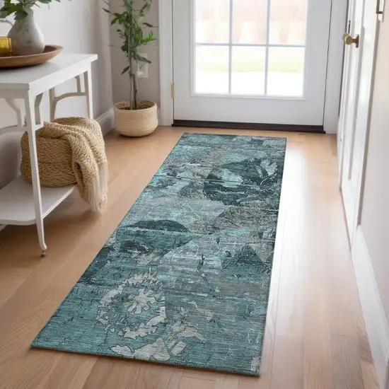 8' Runner Teal and Gray Floral Washable Non Skid Indoor Outdoor Runner Rug Photo 8