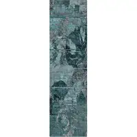 Photo of 8' Runner Teal and Gray Floral Washable Non Skid Indoor Outdoor Runner Rug