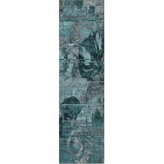 8' Runner Teal and Gray Floral Washable Non Skid Indoor Outdoor Runner Rug Photo 1