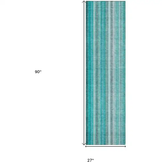 Teal and Gray Striped Washable Non Skid Indoor Outdoor Runner Rug Photo 3