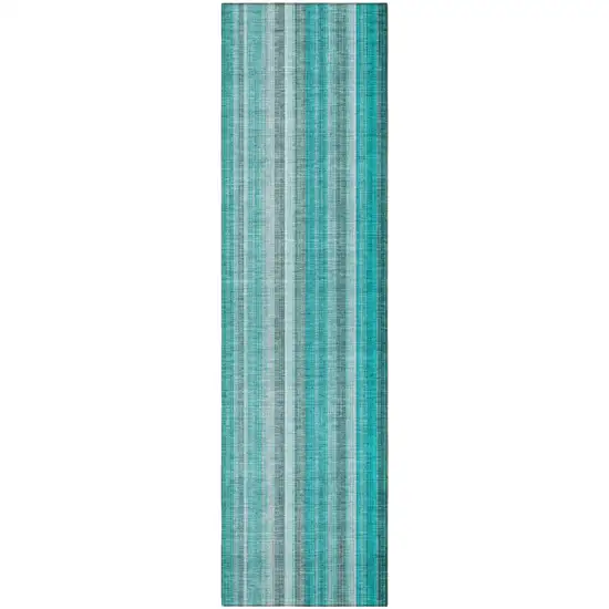 Teal and Gray Striped Washable Non Skid Indoor Outdoor Runner Rug Photo 5