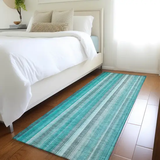 8' Runner Teal and Gray Striped Washable Non Skid Indoor Outdoor Runner Rug Photo 9