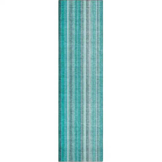 8' Runner Teal and Gray Striped Washable Non Skid Indoor Outdoor Runner Rug Photo 2