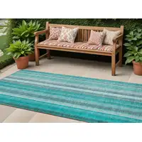 Photo of 8' Runner Teal and Gray Striped Washable Non Skid Indoor Outdoor Runner Rug