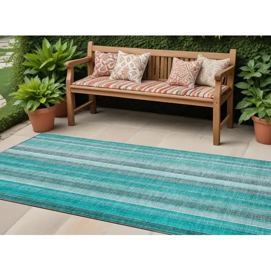 8' Runner Teal and Gray Striped Washable Non Skid Indoor Outdoor Runner Rug Photo 1