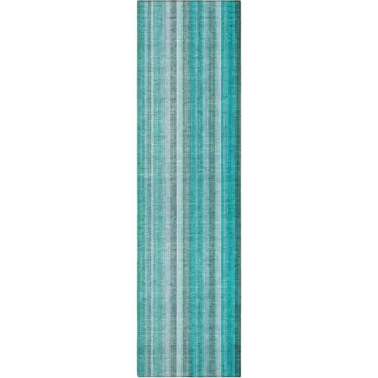 8' Runner Teal and Gray Striped Washable Non Skid Indoor Outdoor Runner Rug Photo 5