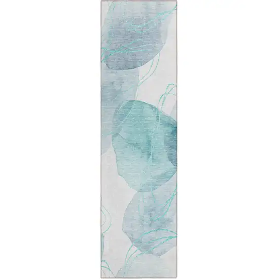 8' Runner Teal and Ivory Abstract Washable Non Skid Indoor Outdoor Runner Rug Photo 2