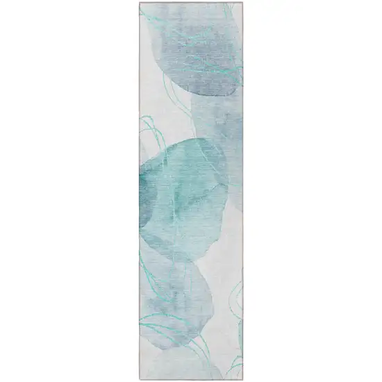 Teal and Ivory Abstract Washable Non Skid Indoor Outdoor Runner Rug Photo 4