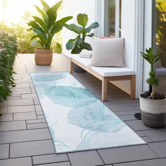 Teal and Ivory Abstract Washable Non Skid Indoor Outdoor Runner Rug Photo 7