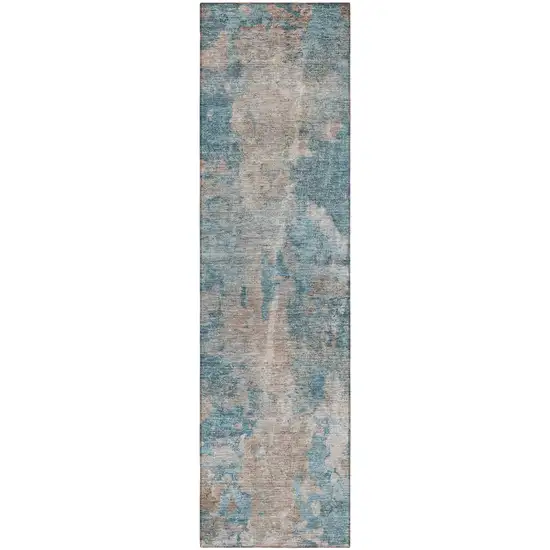 Teal and Taupe Abstract Washable Non Skid Indoor Outdoor Runner Rug Photo 5