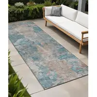 Photo of 8' Runner Teal and Taupe Abstract Washable Non Skid Indoor Outdoor Runner Rug