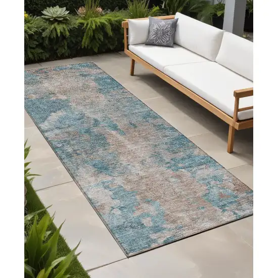 8' Runner Teal and Taupe Abstract Washable Non Skid Indoor Outdoor Runner Rug Photo 1