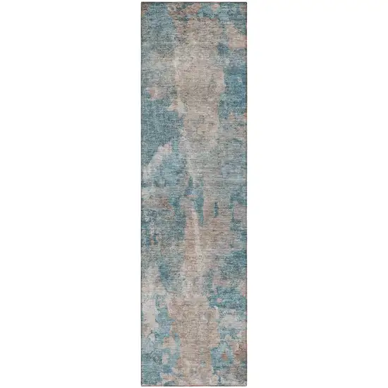 Teal and Taupe Abstract Washable Non Skid Indoor Outdoor Runner Rug Photo 2