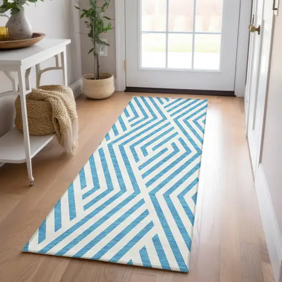 Teal and White Geometric Washable Non Skid Indoor Outdoor Runner Rug Photo 9