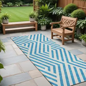 Photo of 8' Runner Teal and White Geometric Washable Non Skid Indoor Outdoor Runner Rug