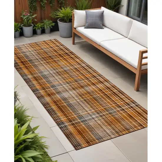 Orange Brown and Gray Plaid Washable Non Skid Indoor Outdoor Area Rug Photo 1