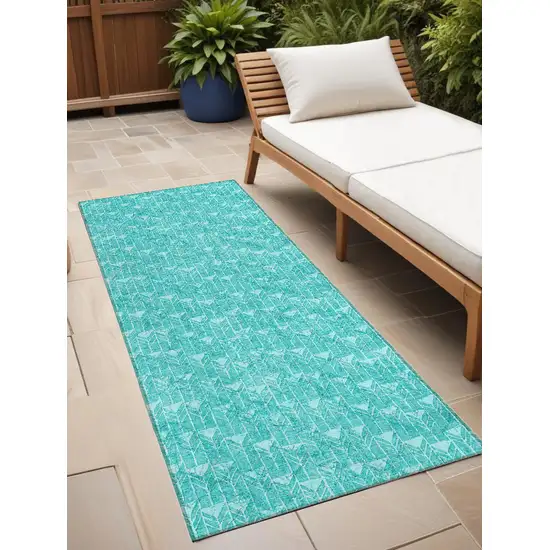 Turquoise Geometric Washable Non Skid Indoor Outdoor Runner Rug Photo 1