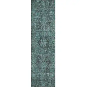 Photo of 8' Runner Turquoise Oriental Washable Non Skid Indoor Outdoor Runner Rug