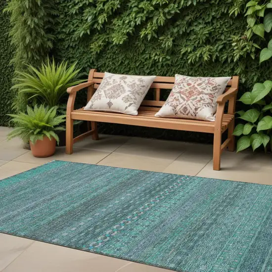 Turquoise Striped Washable Indoor Outdoor Runner Rug Photo 1