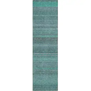 Photo of 8' Runner Turquoise Striped Washable Non Skid Indoor Outdoor Runner Rug