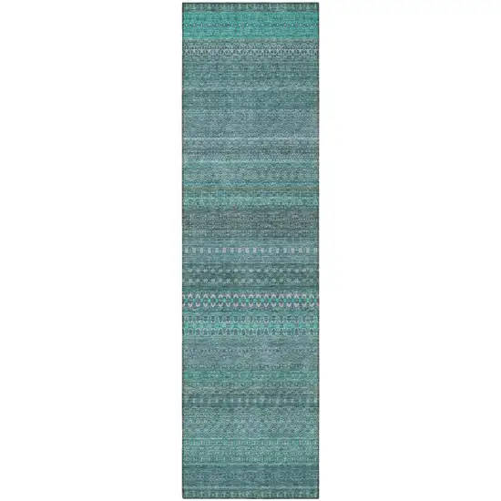 Turquoise Striped Washable Indoor Outdoor Runner Rug Photo 5