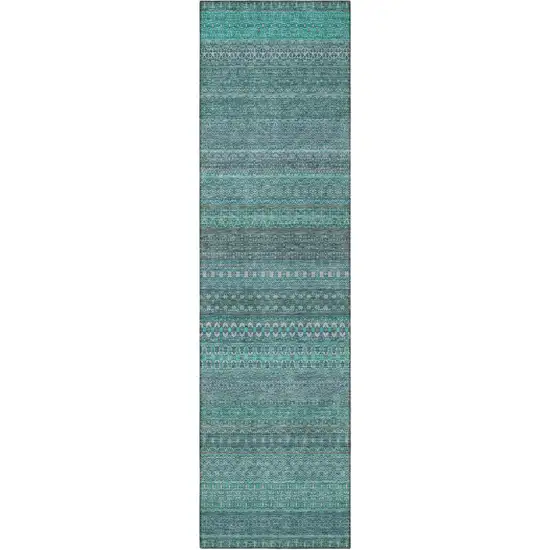 8' Runner Turquoise Striped Washable Non Skid Indoor Outdoor Runner Rug Photo 2