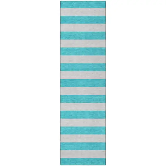 Turquoise Striped Washable Non Skid Indoor Outdoor Runner Rug Photo 4