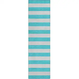 Photo of 8' Runner Turquoise Striped Washable Non Skid Indoor Outdoor Runner Rug