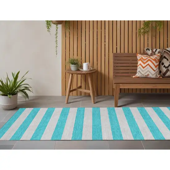 Turquoise Striped Washable Non Skid Indoor Outdoor Runner Rug Photo 1