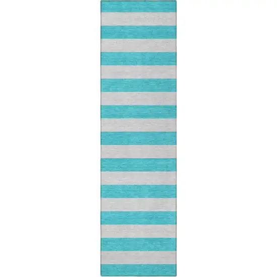 Turquoise Striped Washable Non Skid Indoor Outdoor Runner Rug Photo 5