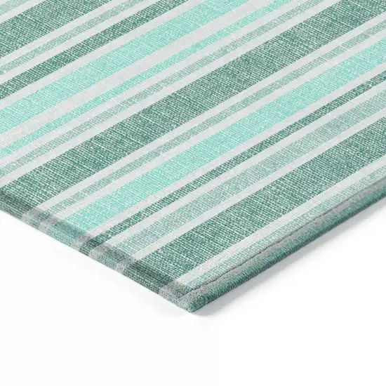 Turquoise Striped Washable Indoor Outdoor Runner Rug Photo 4