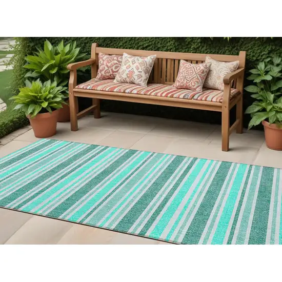 Turquoise Striped Washable Indoor Outdoor Runner Rug Photo 1