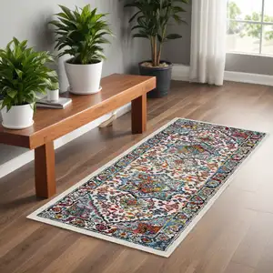 Photo of 7' Runner White and Blue Medallion Runner Rug