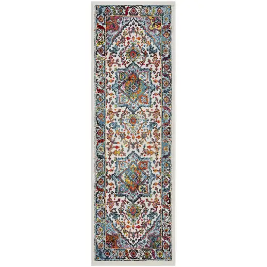 7' Runner White and Blue Medallion Runner Rug Photo 5