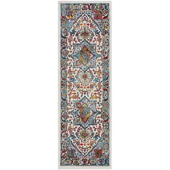 7' Runner White and Blue Medallion Runner Rug Photo 2