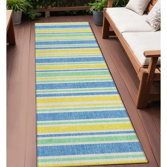 Blue Yellow and Green Striped Washable Non Skid Indoor Outdoor Runner Rug Photo 1