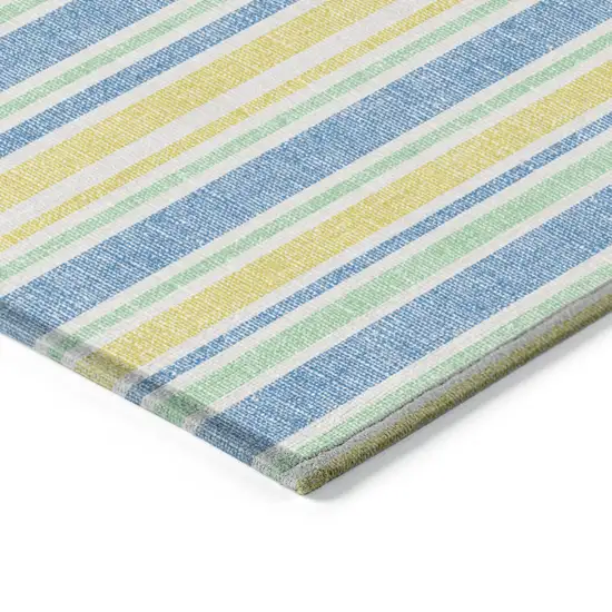 Blue Yellow and Green Striped Washable Non Skid Indoor Outdoor Runner Rug Photo 4