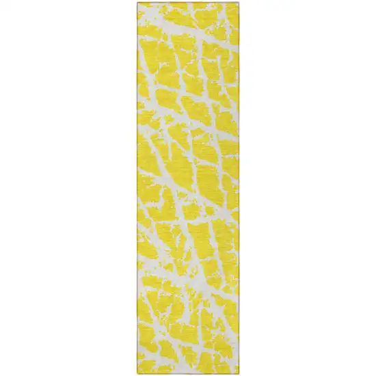 Yellow and White Abstract Washable Non Skid Indoor Outdoor Runner Rug Photo 5