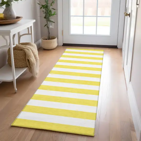 8' Runner Yellow and White Striped Washable Non Skid Indoor Outdoor Runner Rug Photo 8